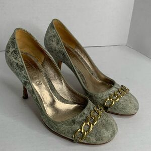 Alexander McQueen green marbled leather gold chain pumps